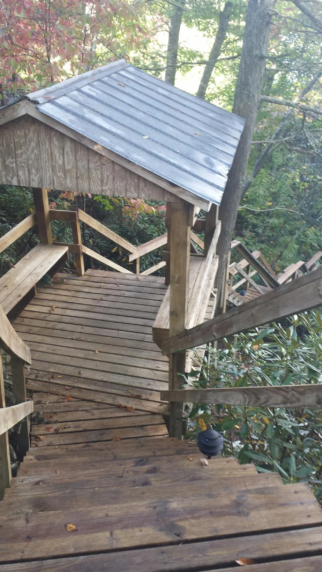 Metal roofed shelter over wooden steps on a wooded walkway — Skylight Repair & Installation work by our crew in Branchdale